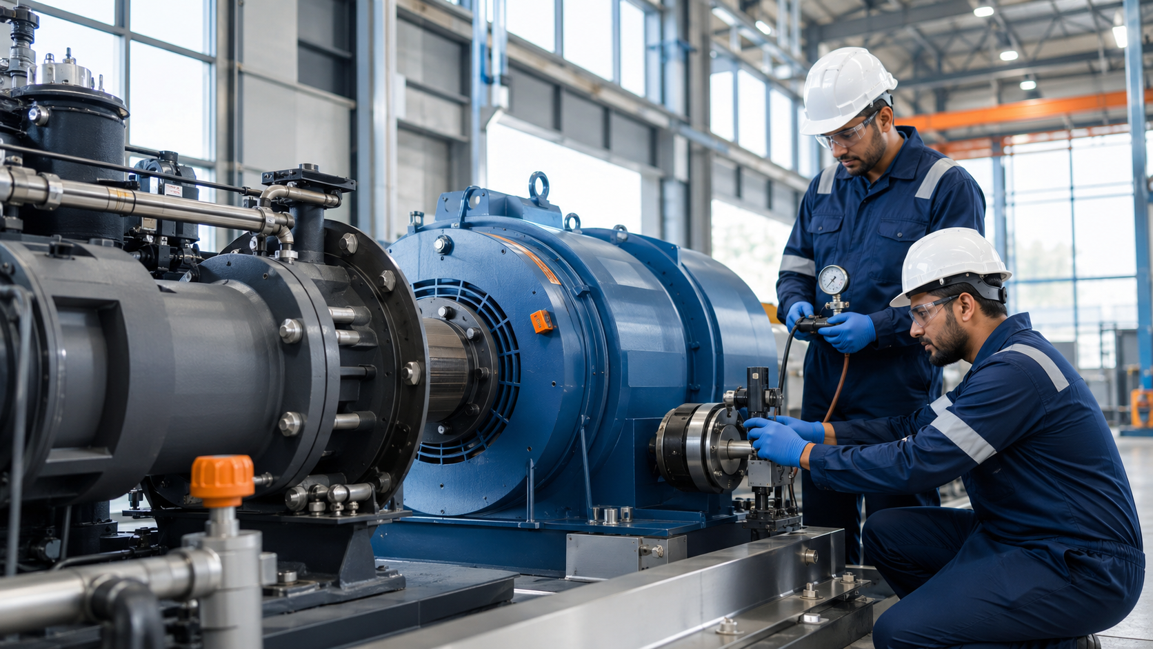 Technicians servicing industrial plant machinery