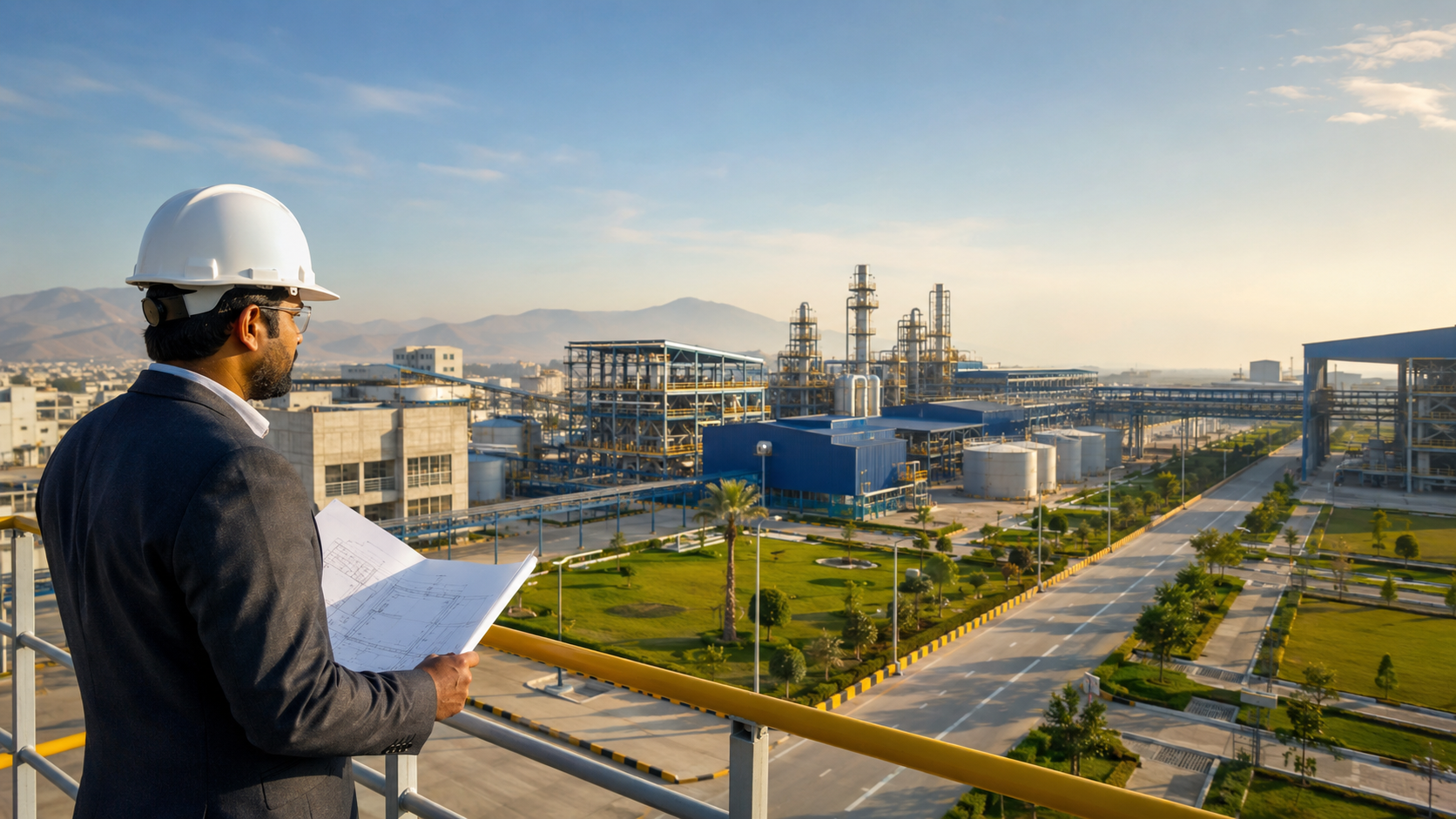 Engineer overlooking a completed industrial facility