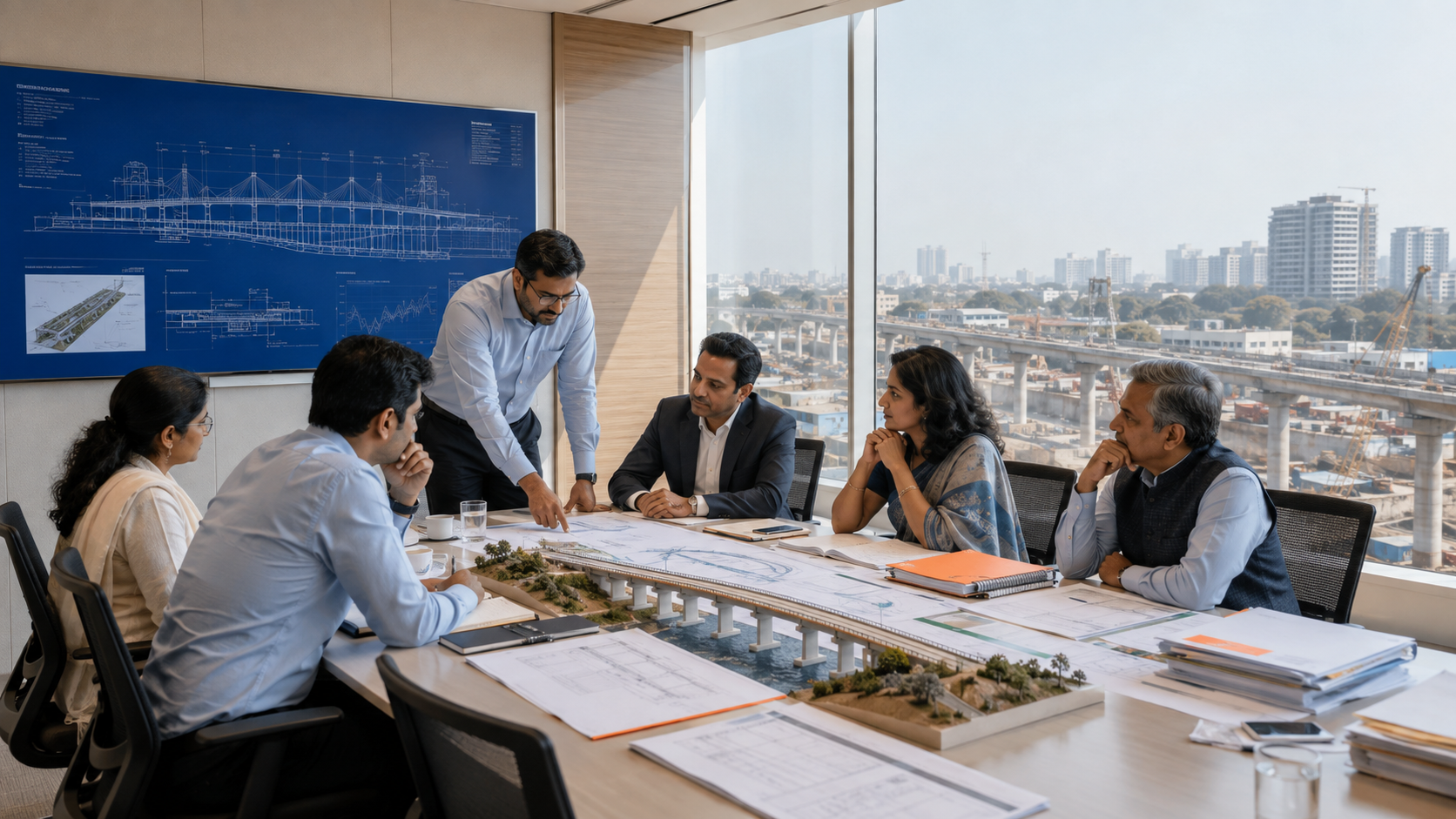 Project team reviewing infrastructure plans in a design office
