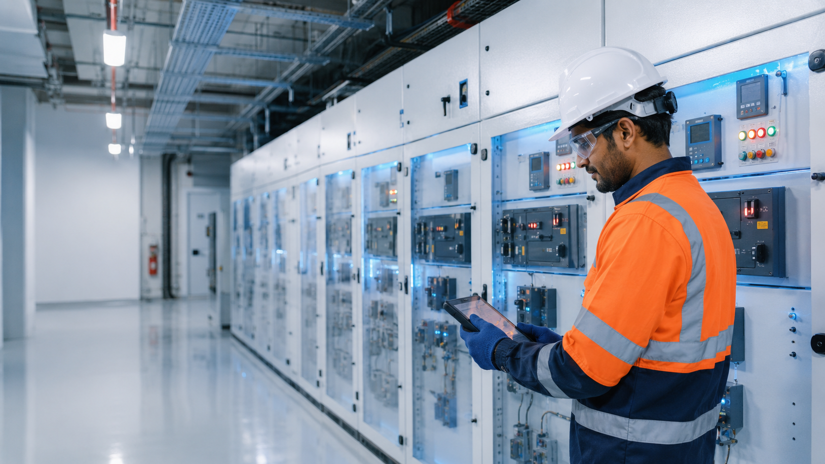 Engineer inspecting an electrical control panel