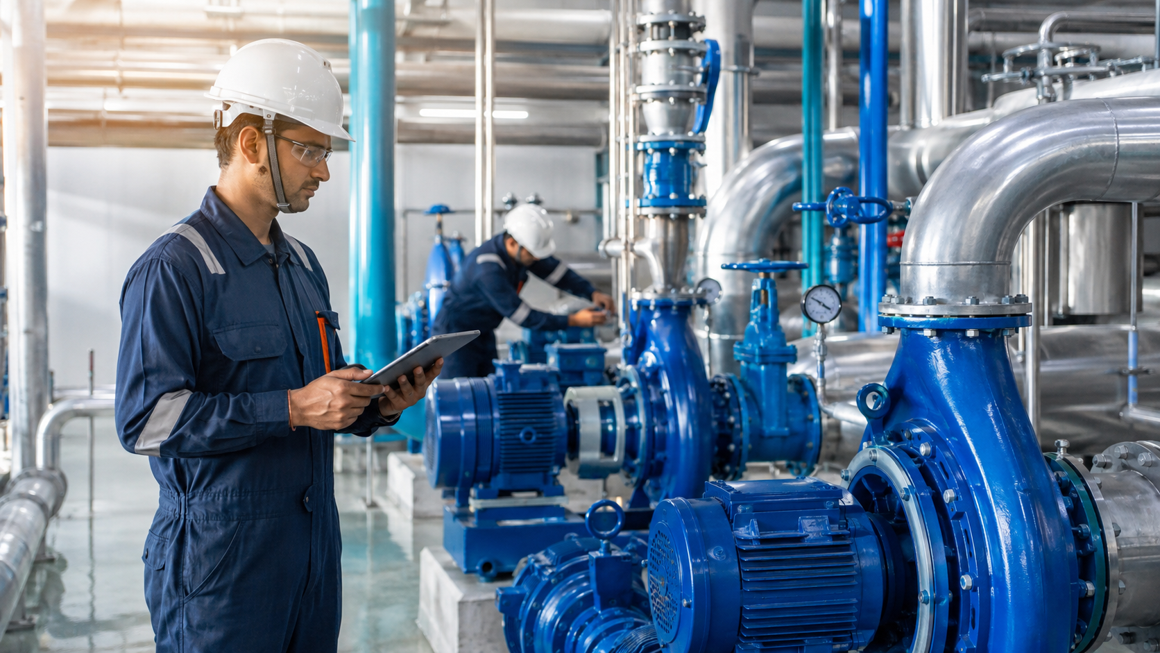 Technicians working among industrial pumps and piping