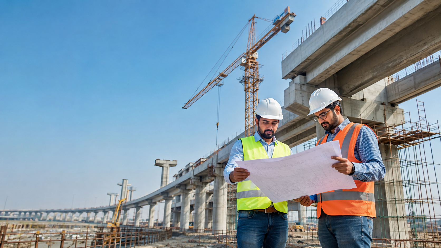 Engineers reviewing drawings at a bridge construction site