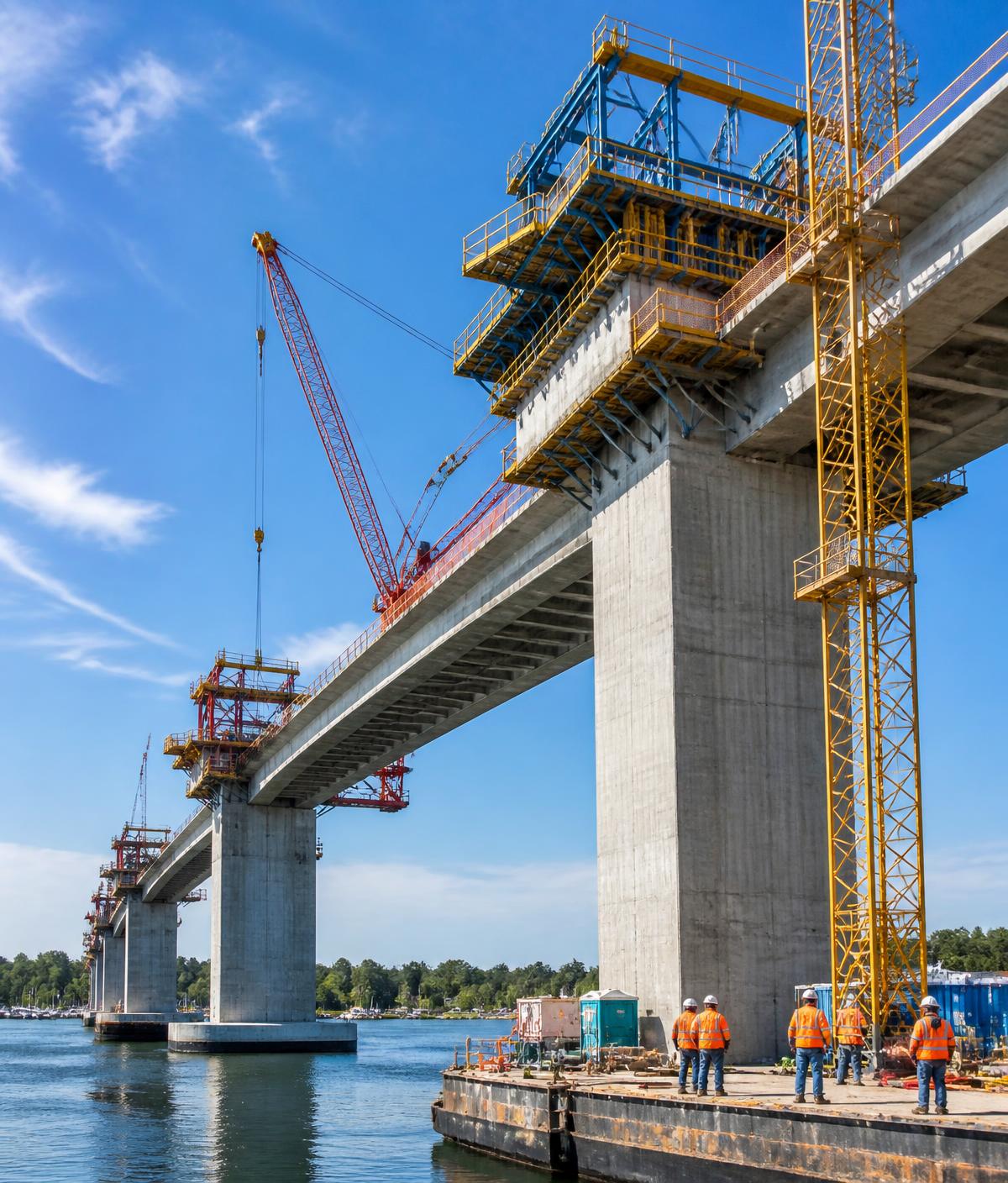 Concrete bridge under construction with cranes
