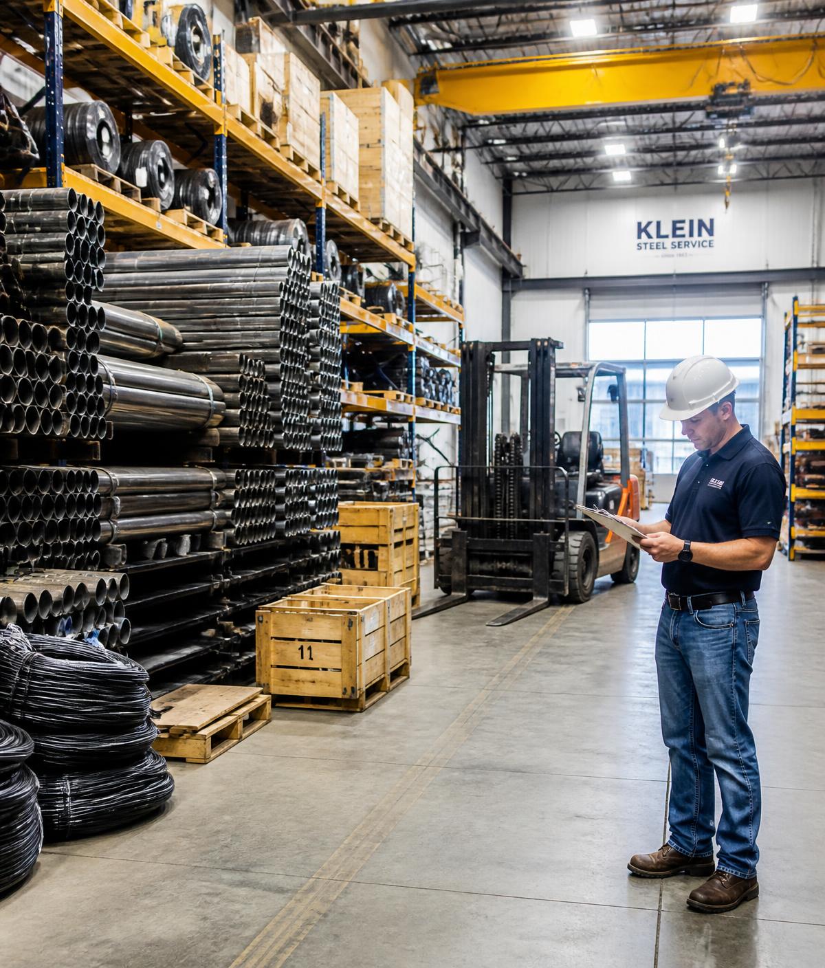 Industrial supply warehouse stocked with steel pipe and equipment
