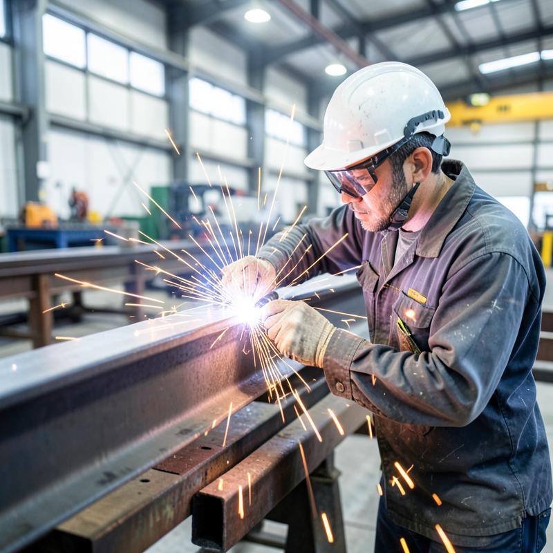 Welder fabricating a structural steel beam